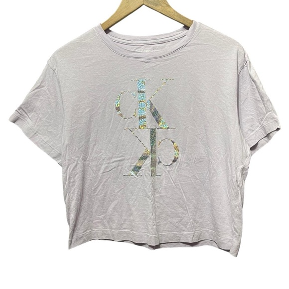 light purple Calvin Klein jeans metallic silver CK graphic logo cropped T-shirt - Picture 1 of 4